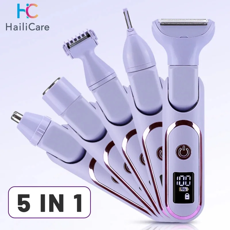 5 in 1 Electric Razor for Women Shaver Lady Shaver Body Hair Trimmer for Armpit Bikini Arm Leg Face Mustache Portable Painless