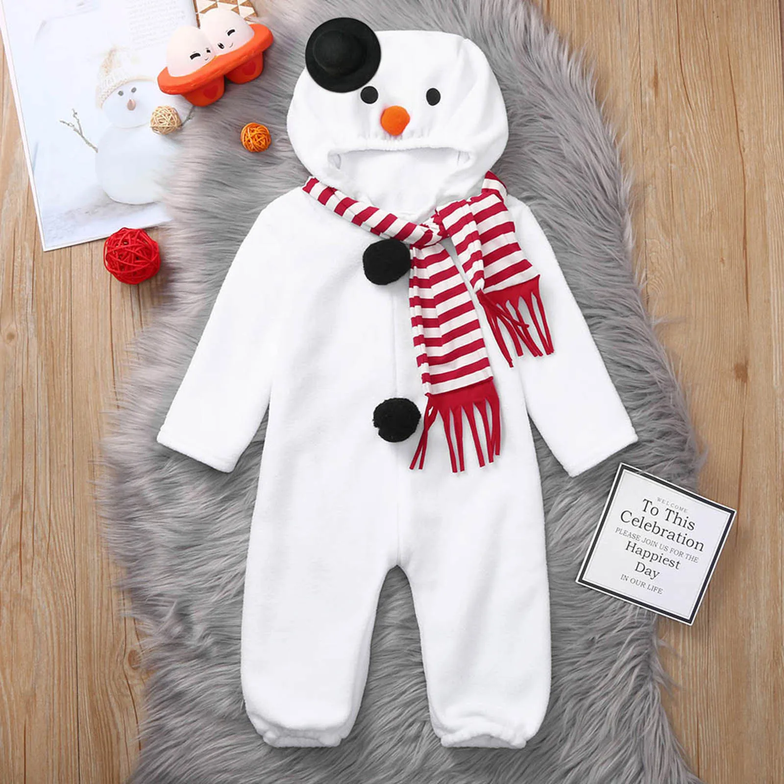 Baby Boys Girls Christmas Hooded Romper Xmas Cosplay Costume Snowman Fleece Jumpsuit With Scarf Cold Weather Keep Warm Clothing