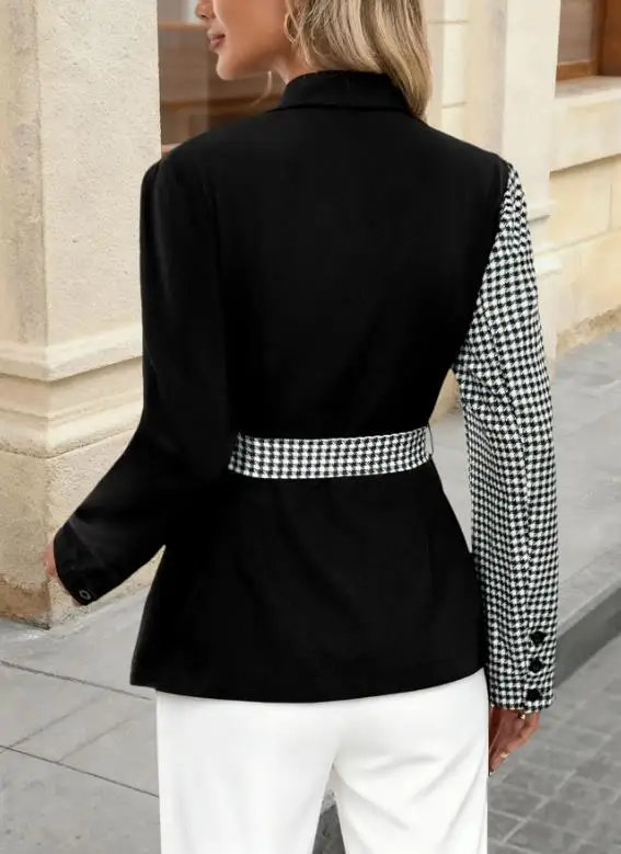 الخريف المرأة الجديدة الأسود و Houndstooth التباين أنيقة مربوط السترة العصرية تصميم غير المتماثلة السترة #1