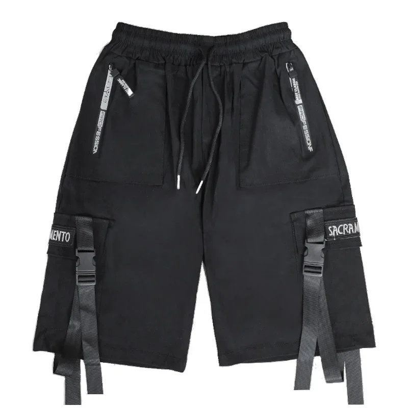 Short cargo d\'été pour hommes, jogging noir, poche, rubans, mode japonaise, streetwear, hip hop, décontracté