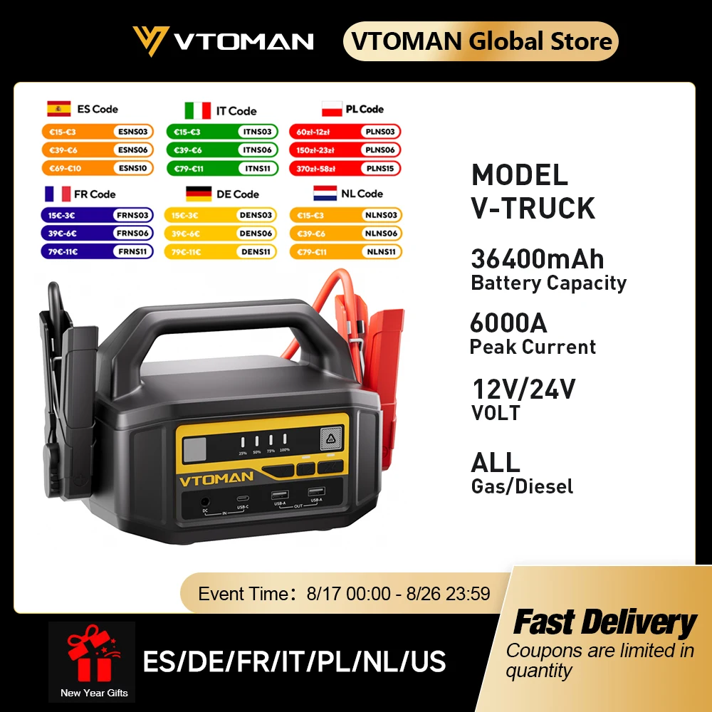 VTOMAN V-Truck 6000A Auto-Starthilfegerät 36400mAh Tragbares Starthilfegerät Power Pack für Alle Benzin- und Diesel-Fahrzeuge, 12V/24V Starthilfegerät