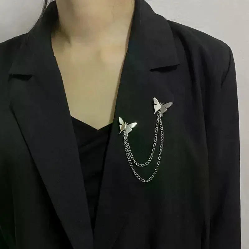 Butterfly Chain Tassel Brooches Lapel Pin For Women Men Hip Hop Metal Suit Clip Cool Clothing Korean Accessories Punk