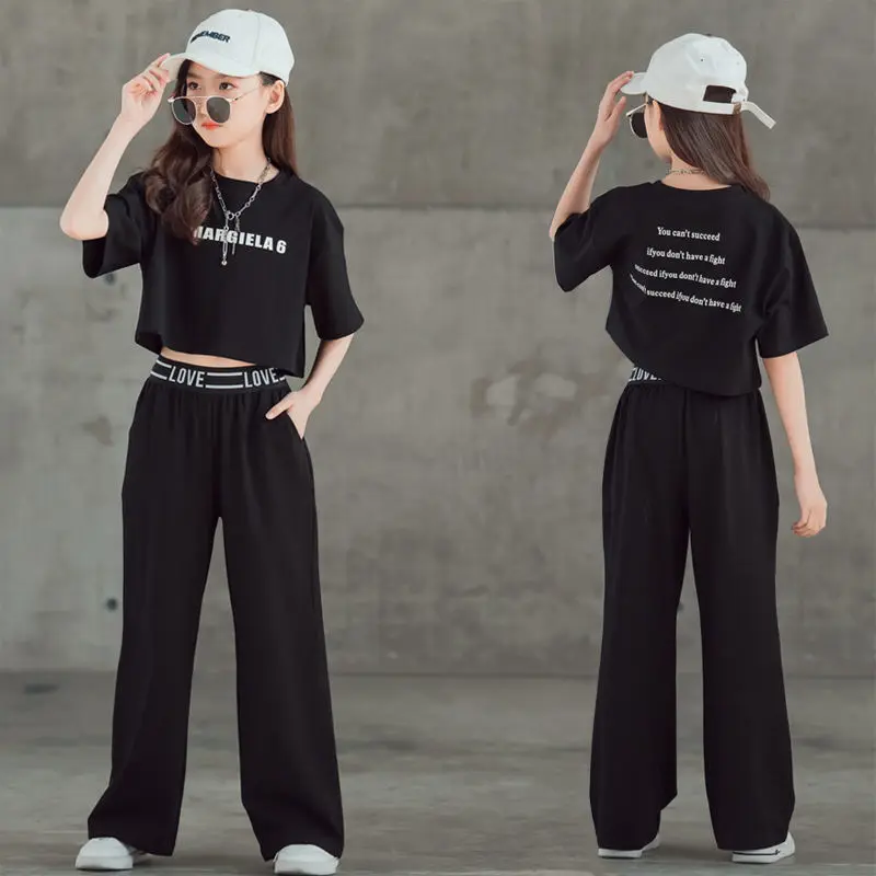 2025 summer Kids tracksuit Children Girls Clothes letter crop top T-Shirt + wide leg Pants Suit Teenager 6 7 8 to 10 11 12 year