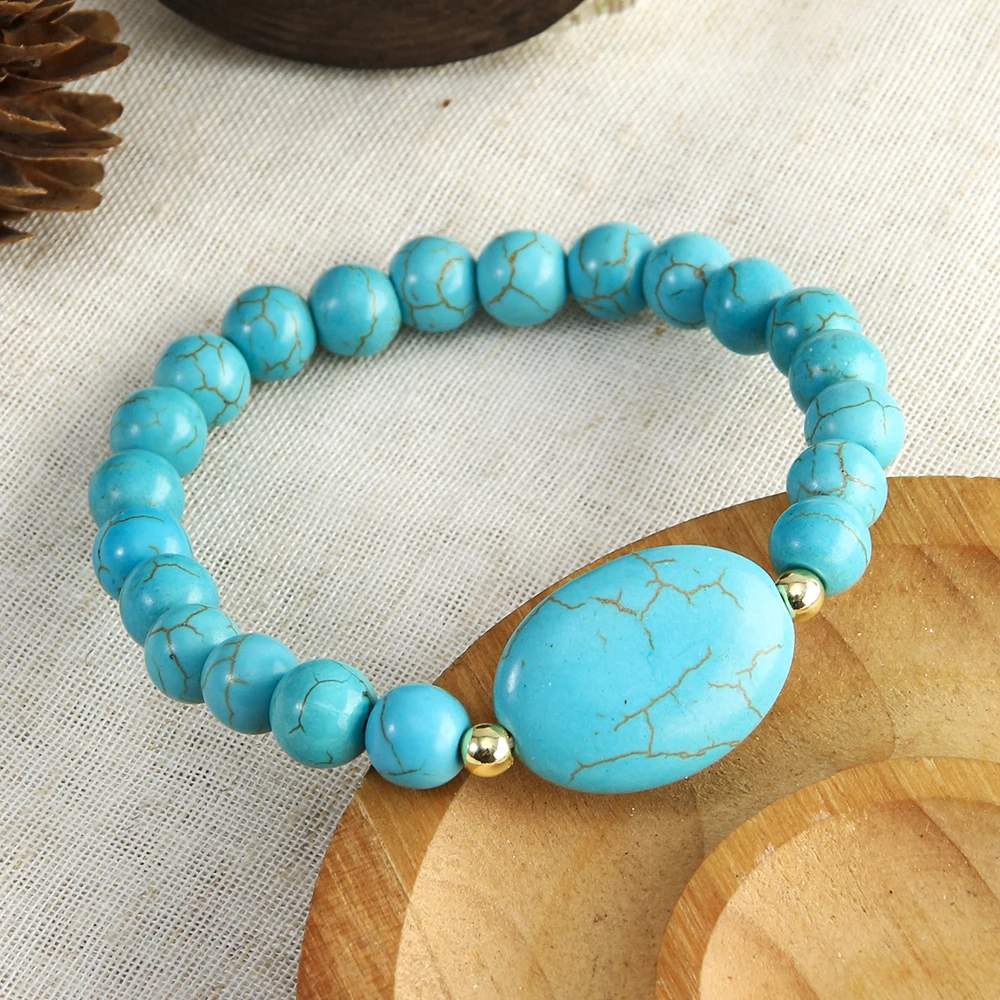 Fashion Vintage Simple Women Jewelry Natural Stone Beaded Elastic Bracelet Oval Stone Charm Bracelet