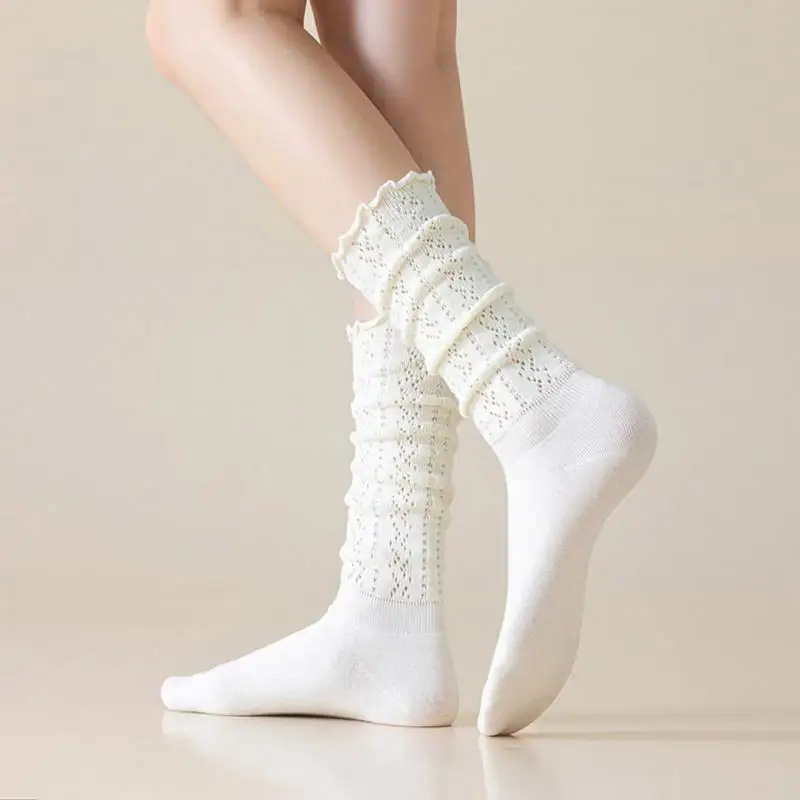 1pairs New Spring Hollow Out Breathable Socks For Women, Mid-calf Socks, Ins Style, Vintage Women Rolled Edge Pile Calf Socks