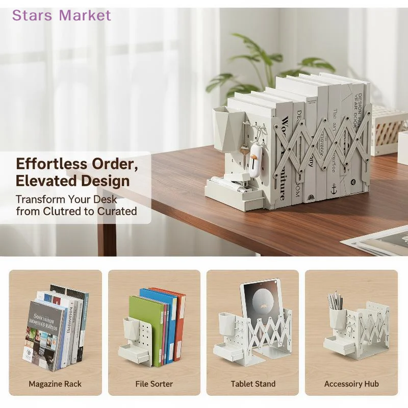 1PcAdjustable Expandable Book Organizer With Pen Holder And Hooks Holds 80 Books Perfect For Student Home Office Desktop Storage