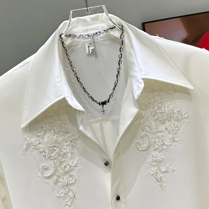 PFHQ المتخصصة تصميم قميص رجالي صيف جديد مطرز الترتر الديكور قمصان طويلة الأكمام منصات الكتف بلايز الرجال عادية 21E6556