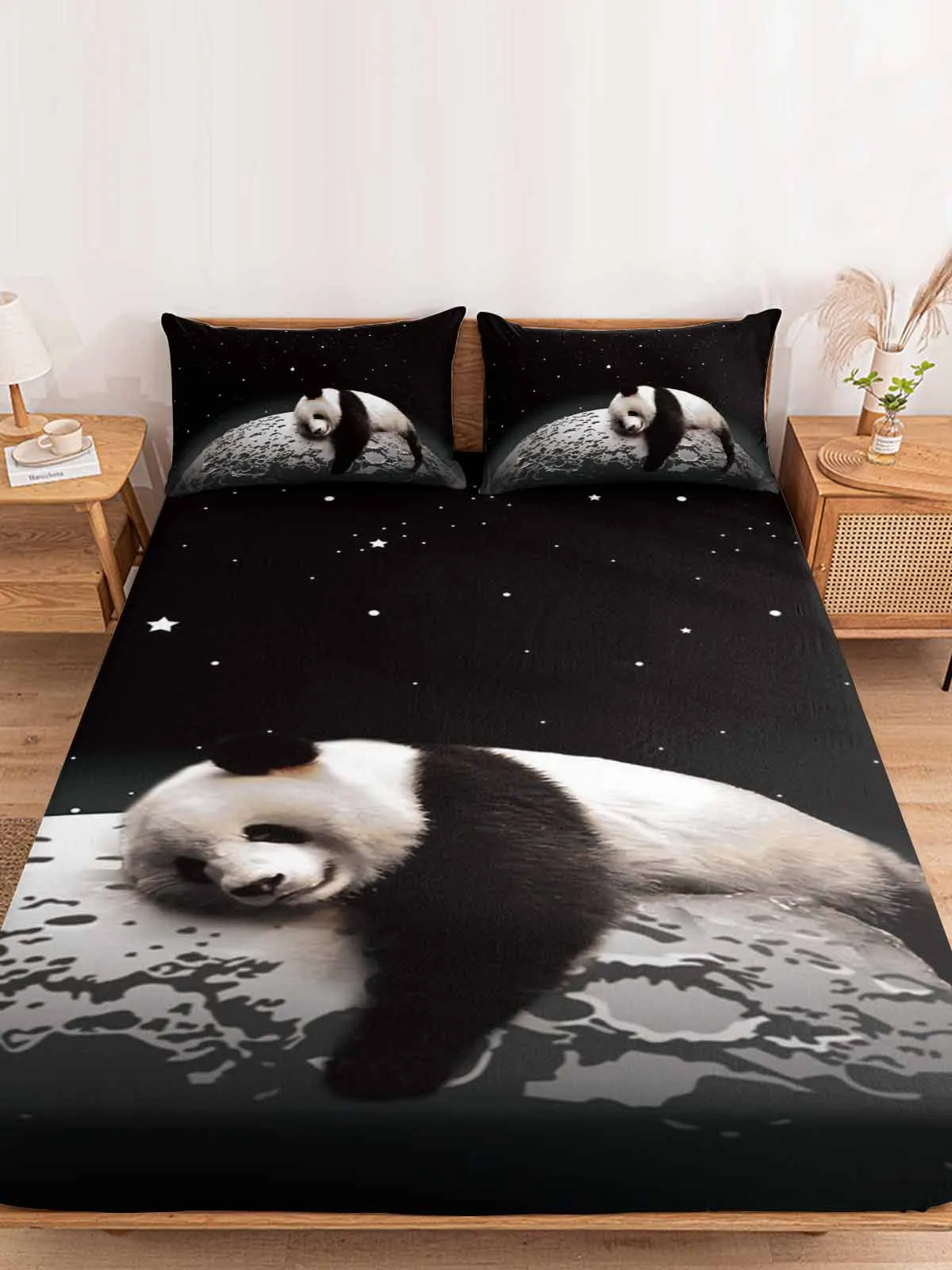 Moon Starry Panda Fitted Bed Sheet Cover Elastic Band Anti-slip Mattress Protector for Single Double King