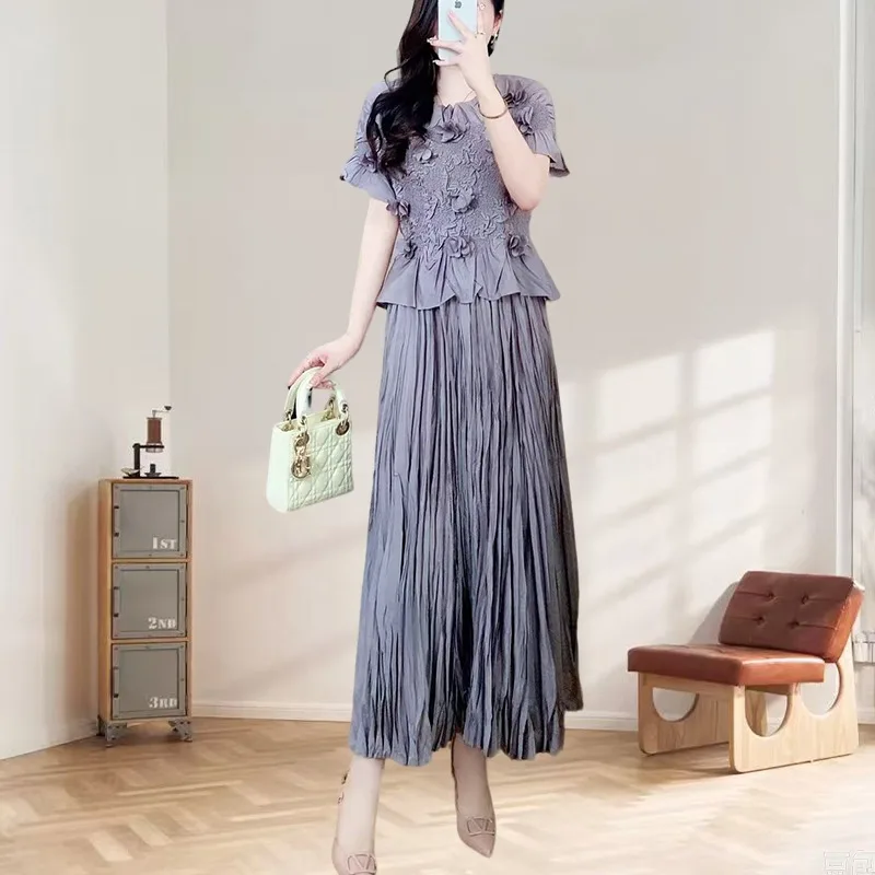 

2025 Spring New Miyake Pleated Skirt Suit Fashion Temperament Solid Color Women's Fold Suit Versatile Loose Two Pleat Clothing