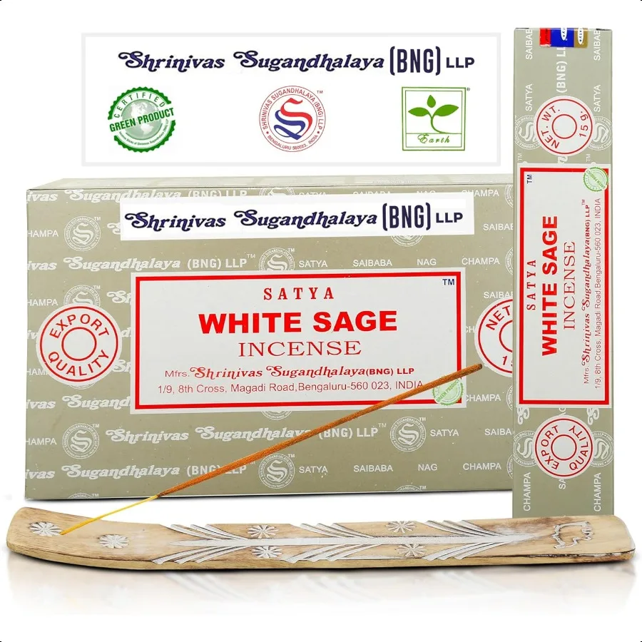 

Satya Nag Champa White Sage Incense Sticks SatyaBng Bangalore Insenses 15gmx12 Pack with Insence Holder Bundle Nag Champa Natur