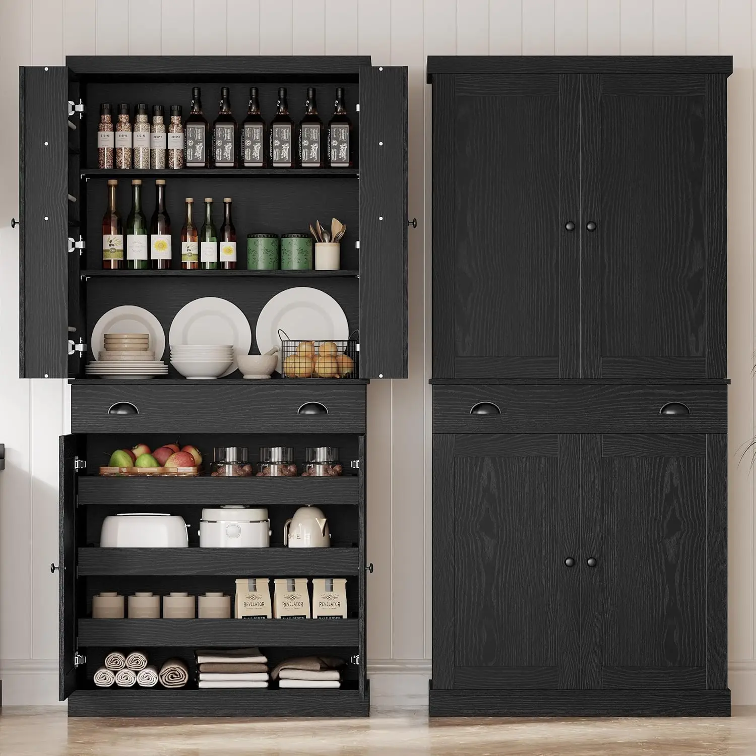 Kitchen Pantry Cabinet Freestanding Cupboard with Drawer, Sliding Storage Rack, and 6 Hanging Shelves