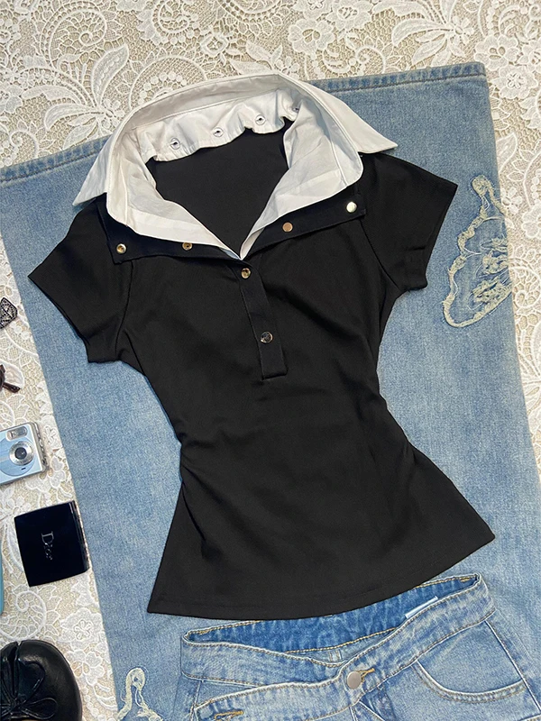 

BaoYao Girl, оригинальная модная поддельная футболка из двух предметов, женская летняя футболка со съемным воротником, дизайн Sensation, маленький модный топ