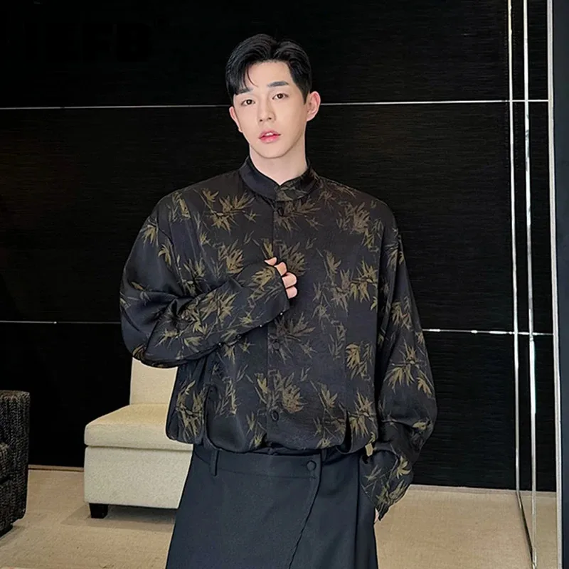 

IEFB Split Shirt Men's Wear New Chinese Style Bamboo Leaf Print Stand Collar Designer Male Shirts 2024 Summer Fashion 9C5534