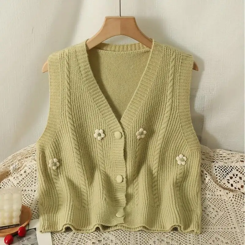 Colete de malha de flor coreana para moda feminina outono e inverno, suéter curto em camadas, colete cardigã versátil doce e fresco