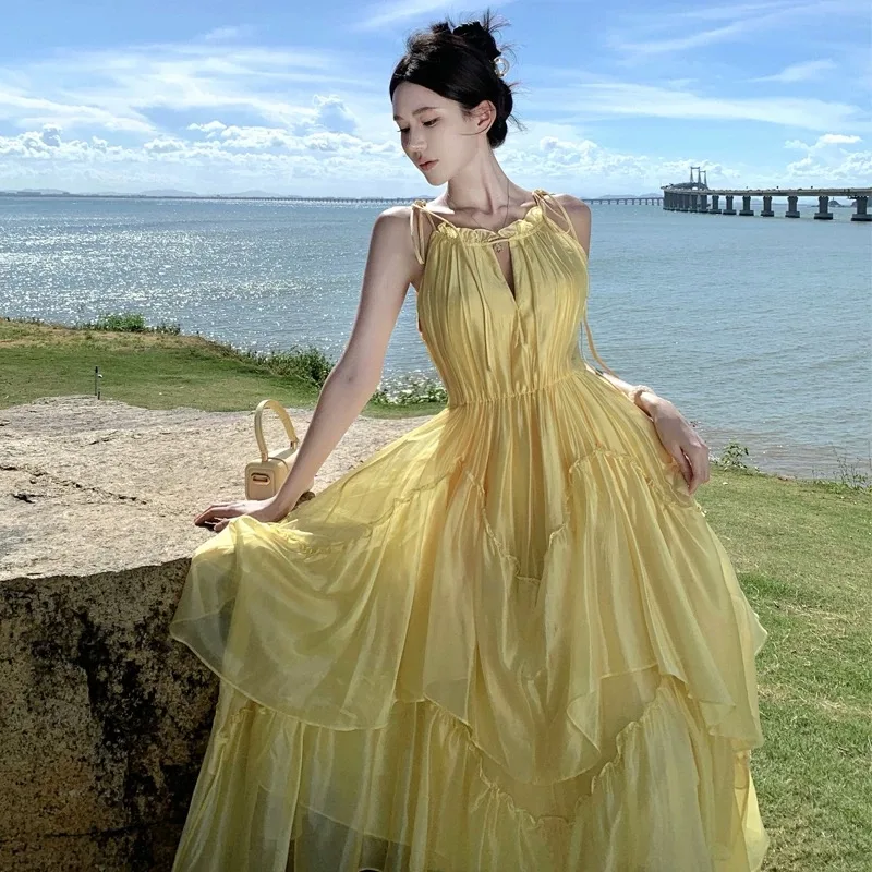Senhoras mulheres verão vestidos longos amarelo na moda tropical doce boêmio vestido feminino cordão bolo camadas cintura praia vestidos