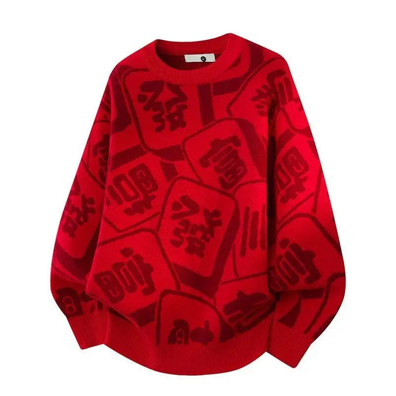 

Новый мужской вязаный свитер 2025 года, зимняя одежда для пар, красный зимний трикотаж, шерстяной свитер для подростков, теплый повседневный стиль