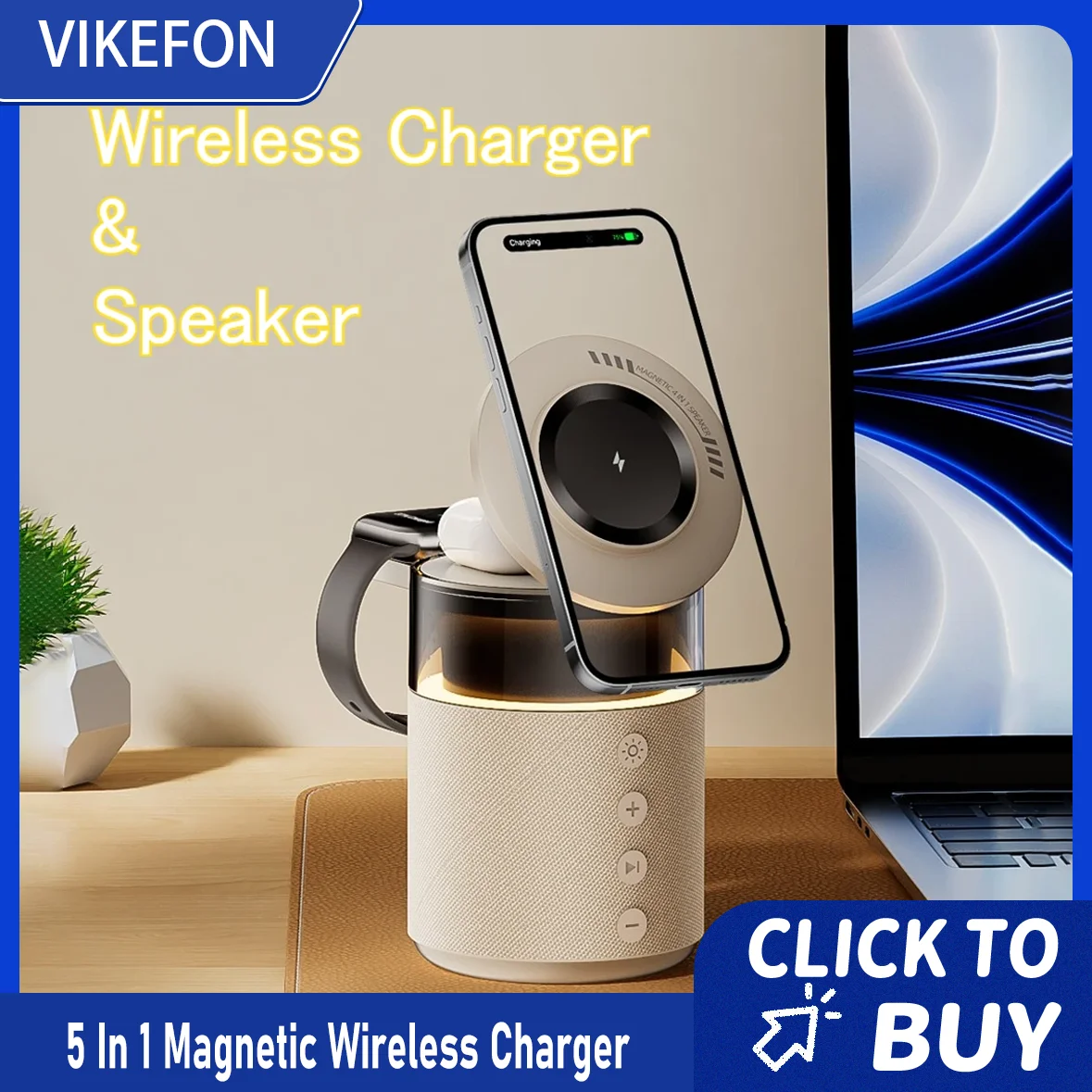 Bluetooth 5.4 Speaker Magnetic Wireless Charging Night Light Charger 5-in-1 For iPhone 17 16 15 14 13 12 Apple Watch AirPods Pro