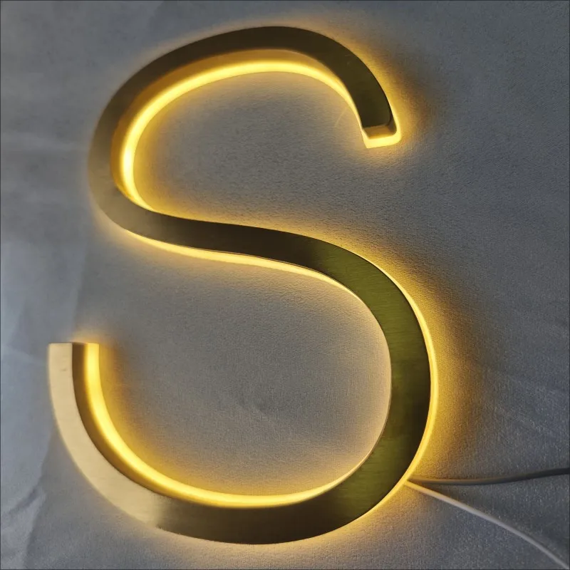 Custom Outdoor Backlit Gold Stainless Steel LED Letters 3D Rear Lighted Metal Shop Signs