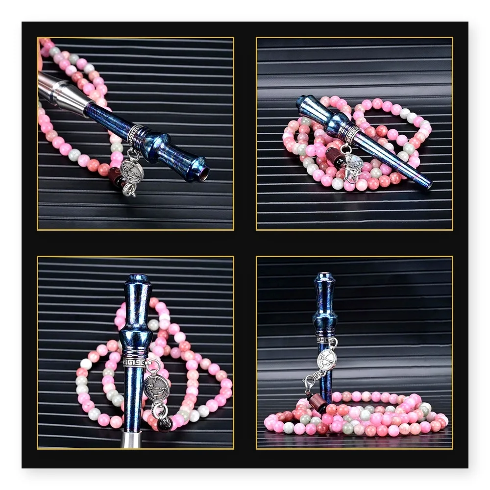 High-End Arabian Shisha Stone Bead Chain with Titanium Burnt Blue Cigarette Holder and Genuine Suction Nozzle for Hookah
