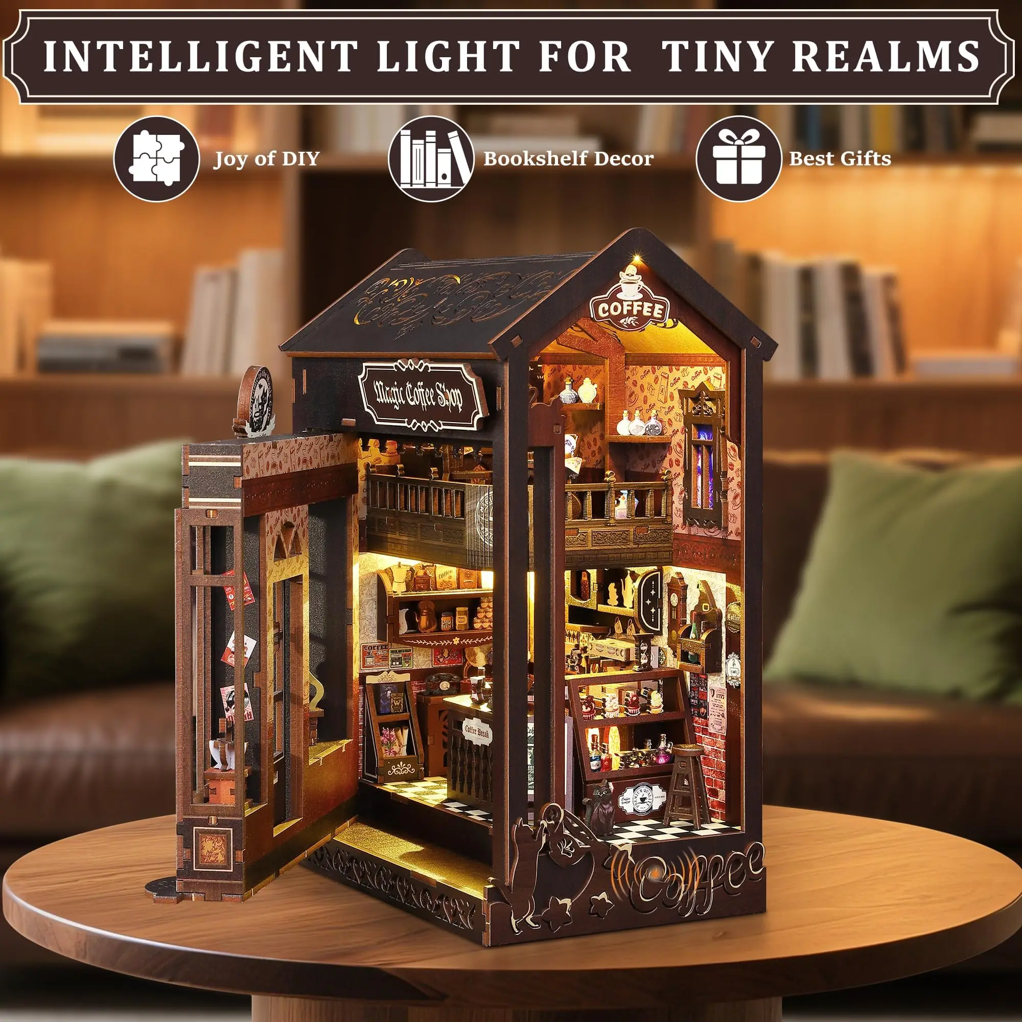 DIY Wooden Book Nook Insert Kit Dollhouse Building Set Bookends Bookshelf Decor Perfect Gift for Family Friends