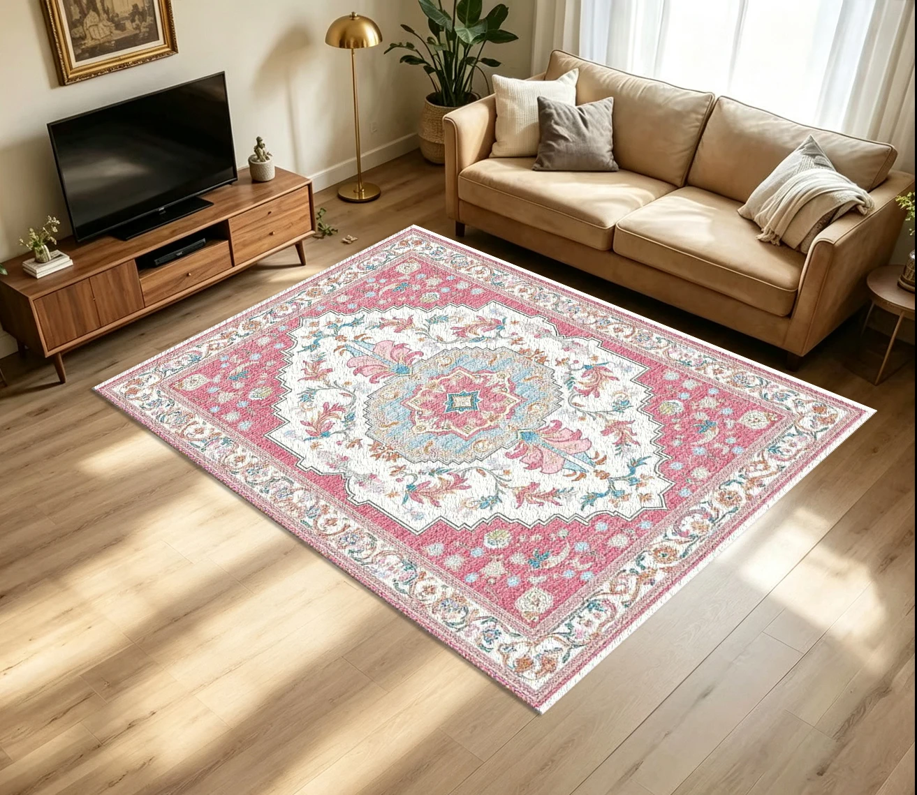 Pink Vintage Oriental Medallion Carpet Flooring Retro Persian Style Floral Border Ornate Center Pattern Printed Floor Rug for Household Indoor Luxury Home Decor