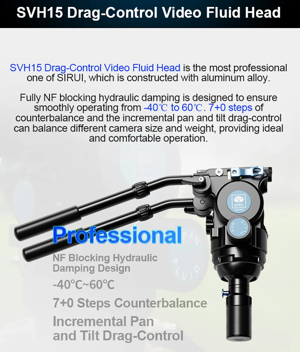 SIRUI SVH15 Drag- Control Video Fluid Head Max Load 15kg, compatible with SIRUI SVS75 One-Step Height Adjustment Video Tripod