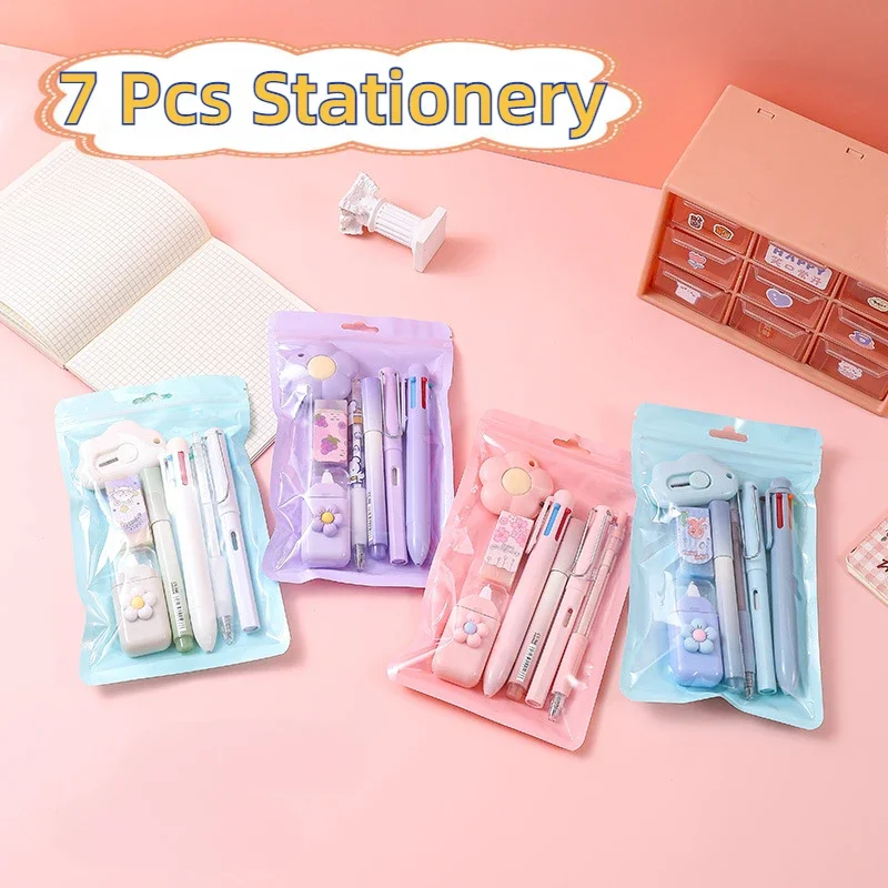 

7Pcs Kawaii Stationery Set Eraser Correction tape Utility knife pen pencil ballpoint Writing Tool School Office Stationery