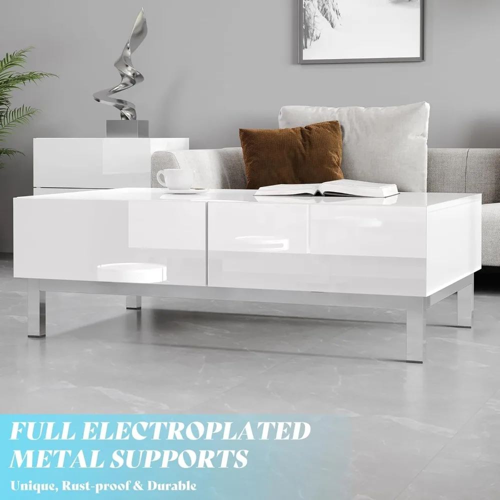 طاولة قهوة واسعة اللمعان مطلية بالكهرباء مقاس 40 بوصة مع درجين تخزين مغناطيسيين، وطاولة مركزية حديثة وبسيطة، لغرفة المعيشة