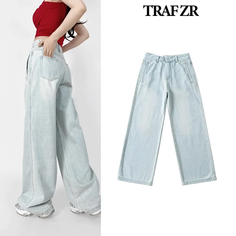 TRAF ZR Wide Trousers Baggy Pants for Women Denim Distressed Newjeans Low Waisted Pants Women Basics Vintage Woman Trousers