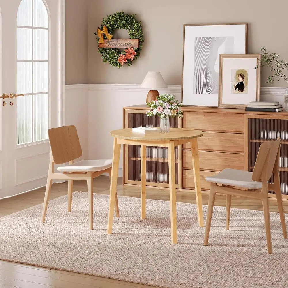 Compact Bamboo Round Table, 27.5 for 2, Ideal for Small Spaces, Multi-Use Dining/Writing Desk, Easy Assembly, Suitable for Home,