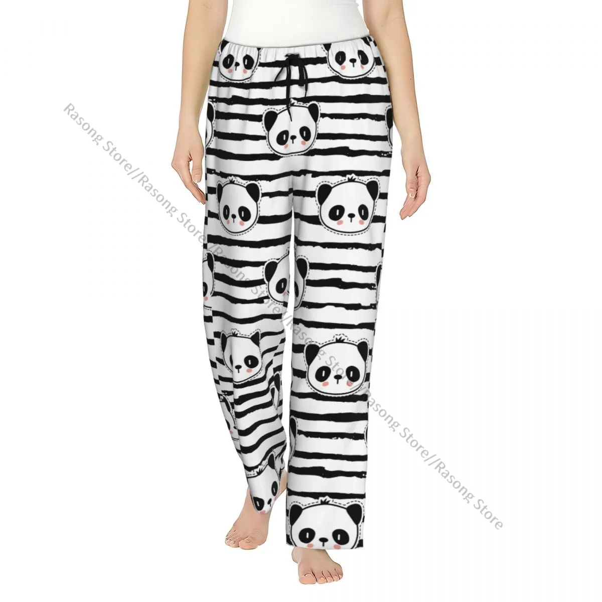 

Black And White Panda Bear Strip Pattern Women Sleep Pants Warm Flannel Lounge Pants for Winter Nights