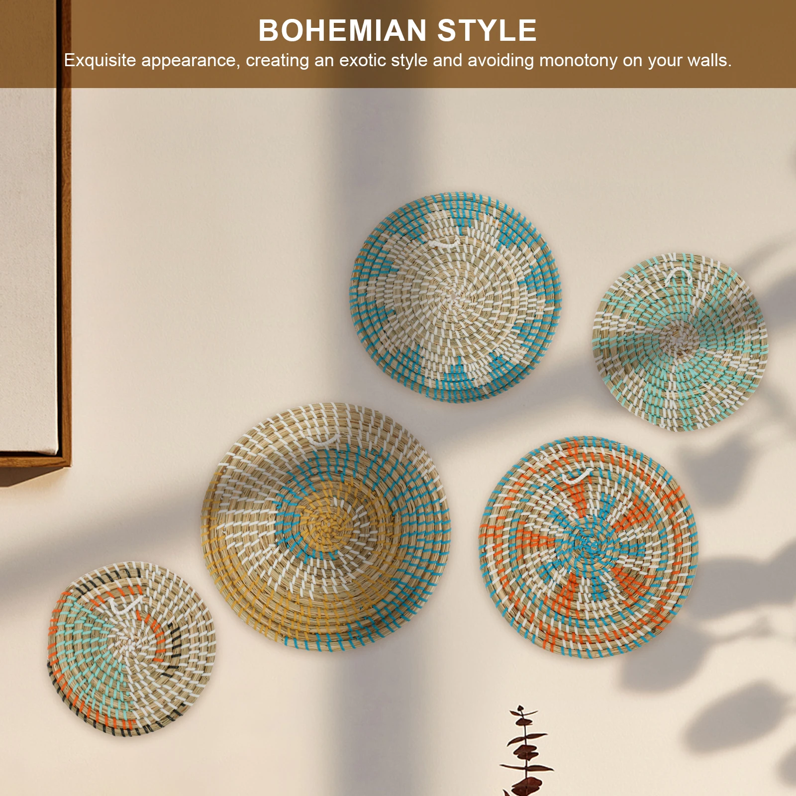 5/7Pcs Hanging Wall Basket Decor Boho Home Decorations Rattan Wall Decor Woven Rattan Seagrass Wall Decor Art Wall Hanging