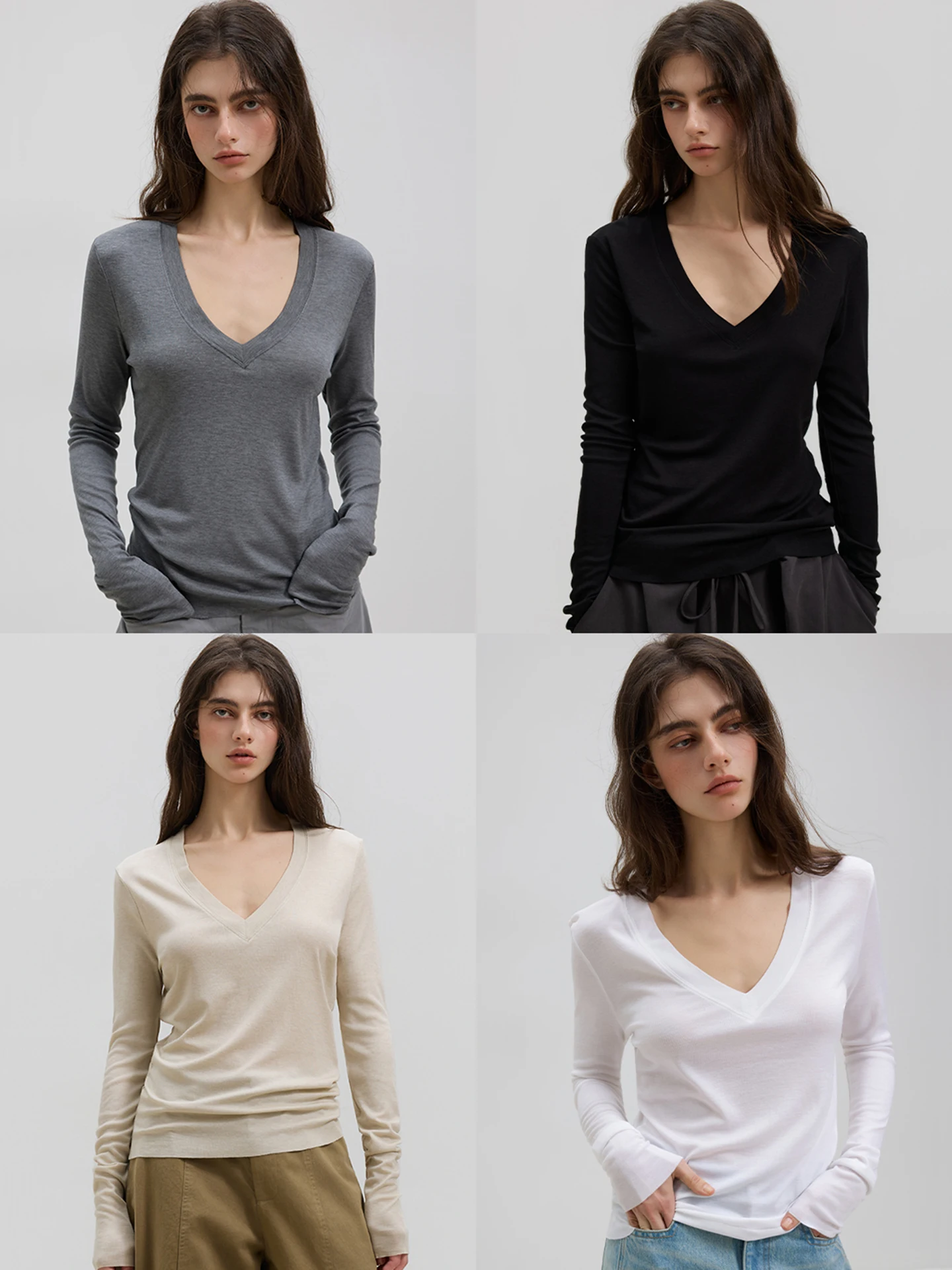 

Женская приталенная футболка LUR 2026 Весна-Лето с длинным рукавом и V-образным вырезом, однотонная, базовая, в повседневном стиле, из смесового шелка и лиоцелла