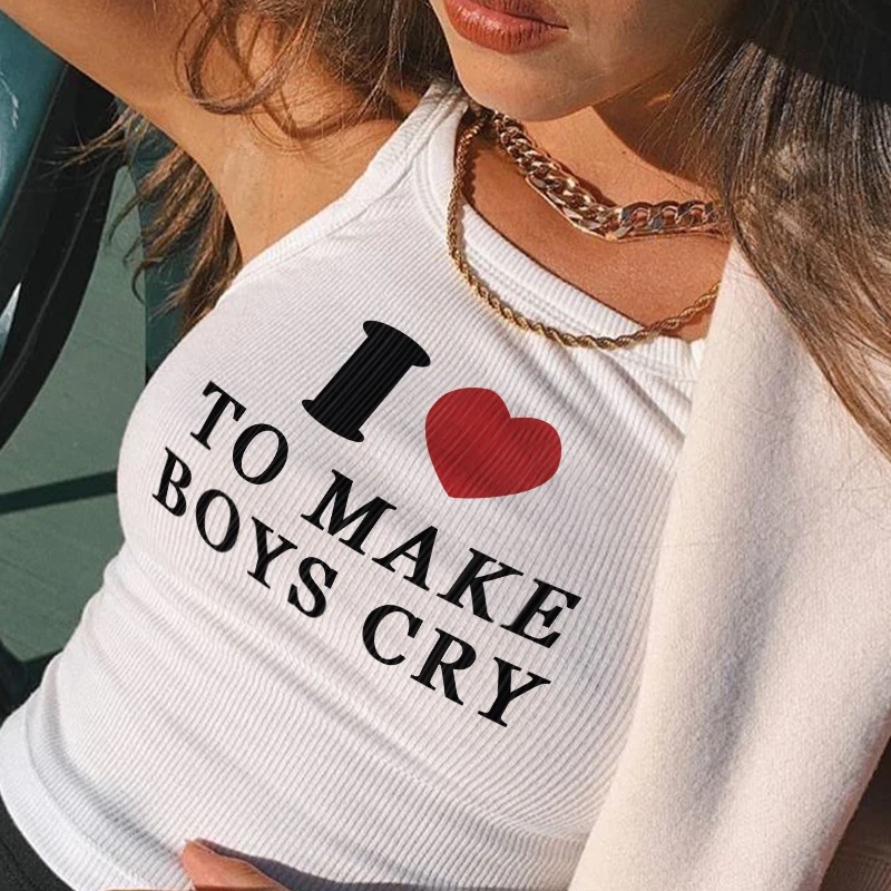 Womens Sexy Y2k Crop Tops White Letters Graphic Prints Summer Tank Tops O Neck Basic Casual Flowy Summer Sleeveless Crop Top