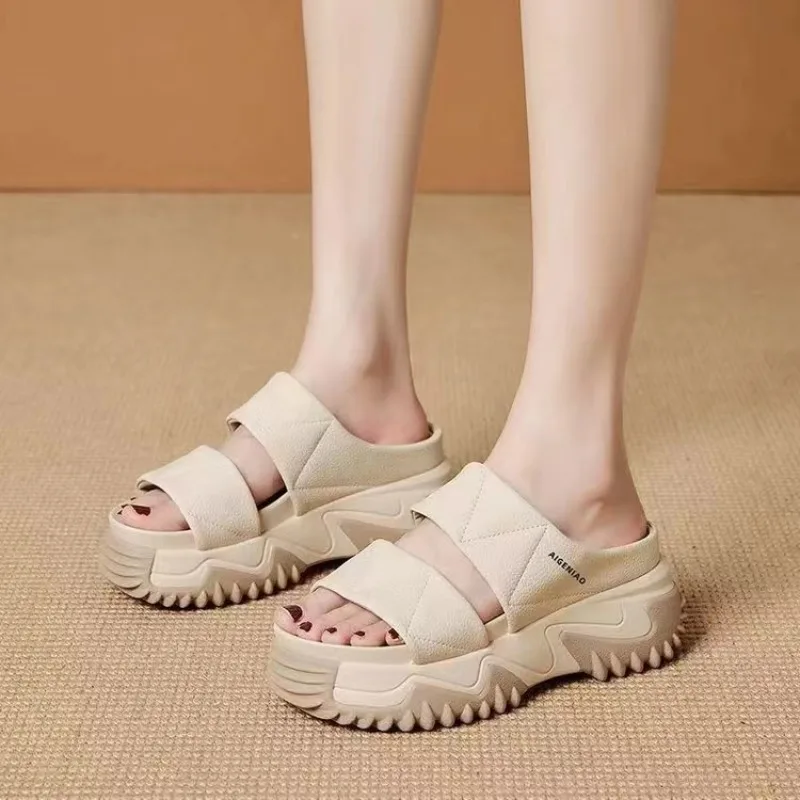 2024 Soft Leather Women Slippers Outdoor Thick Sole Fashion Slides Anti Slip Trend Flat Shoes Summer New Platform Casual Sandals