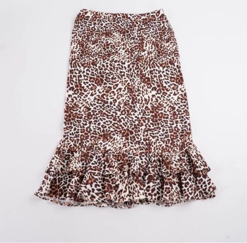 Vintage Retro Fishtail Medium and Long Skirt Women's Lotus Leaf Edge Splicing Leopard Print Spice Girl Skirt