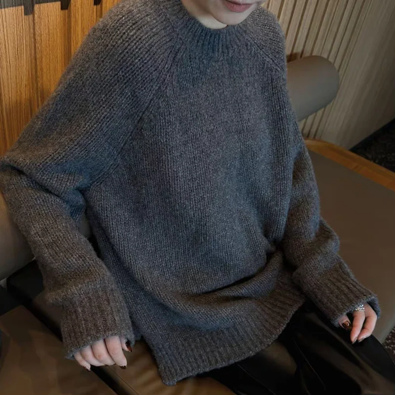 2026 autumn and winter new 100% pure wool round-neck loose sweater women's gray long-sleeved knitwear versatile top