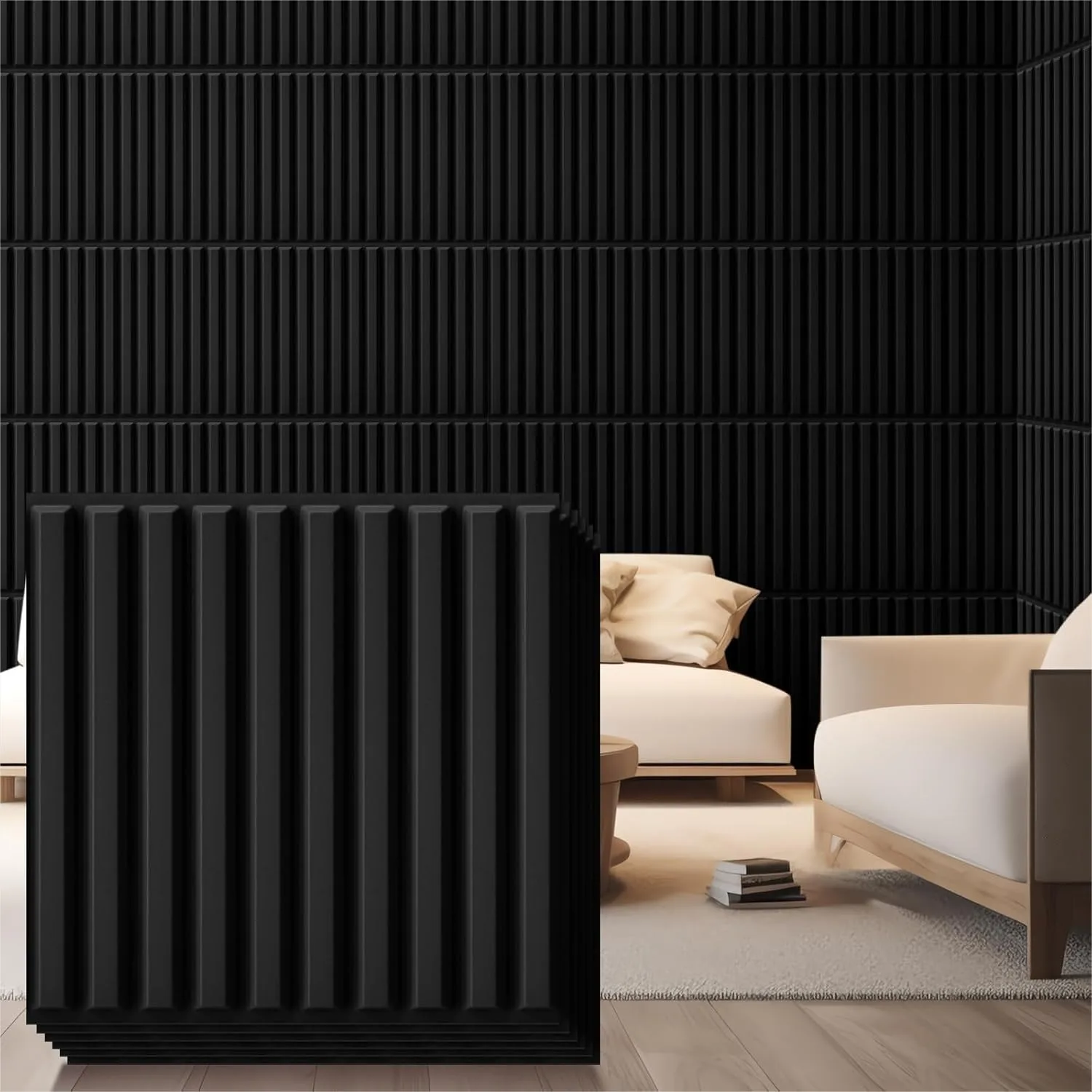 

32 Pcs 3D Wall Panels for Interior Wall Decor, 12x12 Fluted Textured Black Accent Tiles Paintable for Living Room TV Background