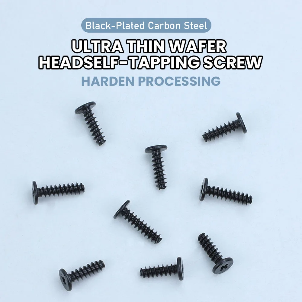 NINDEJIN Ultra Thin Flat Head Cross Tapping Screw Flat Tail M1.2-M3 Black Steel Wafer Head Tapping Screw for Laptop PC Fan