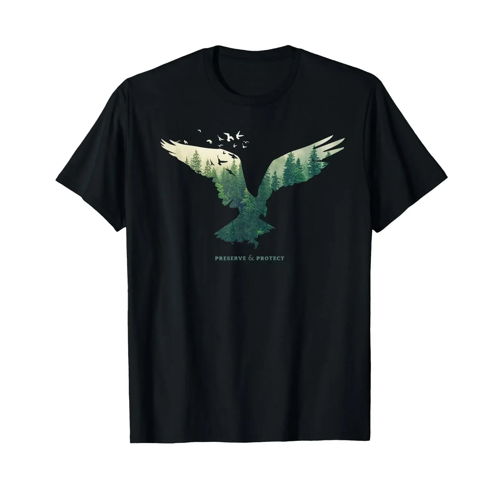 T Shirt with Eagle Bird Silhouette Forest Environmental Protection Climate vintage Washed streetwear Breathable graphic