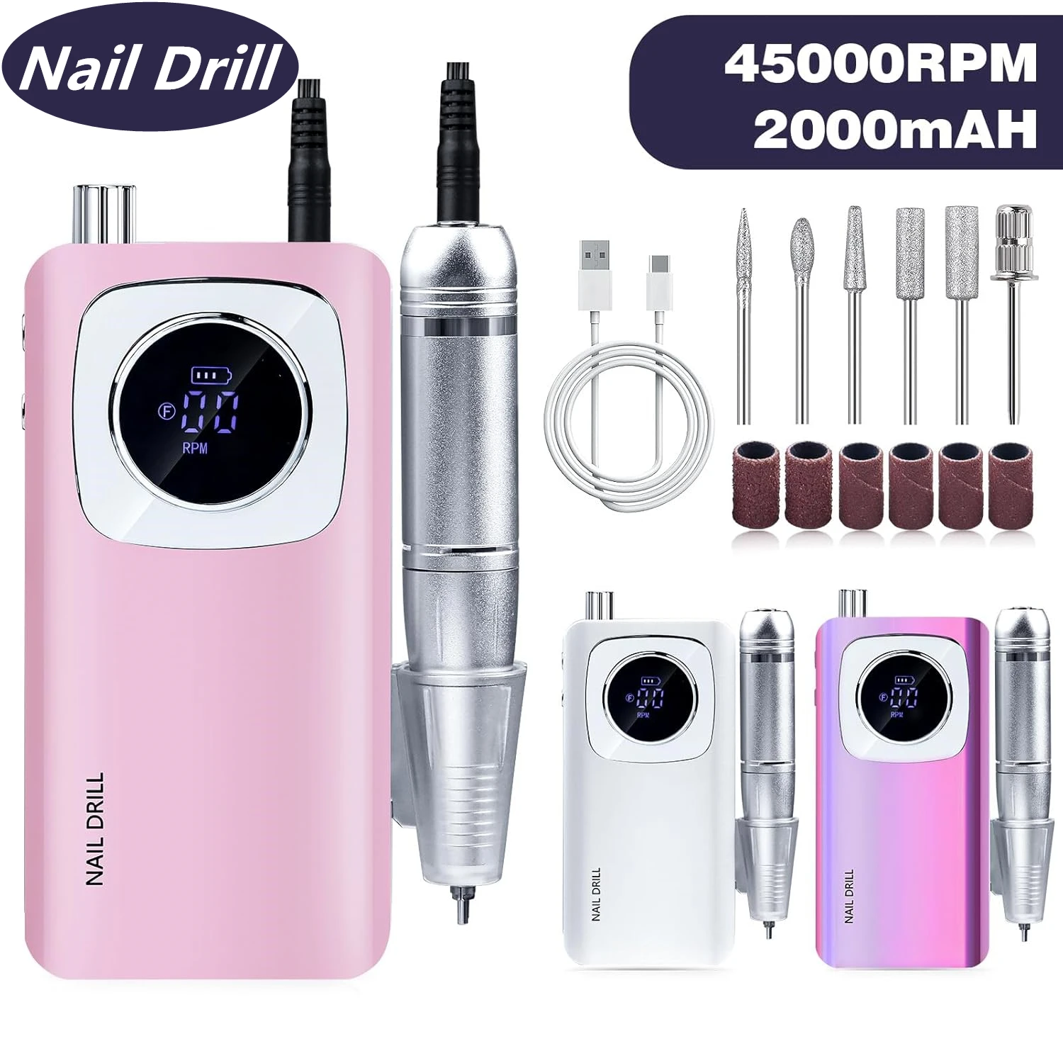 Broca de unha sem fio, 45000rpm, velocidade ajustável, baixo ruído, recarregável, usb, conjunto portátil com 6 bits para salão de beleza profissional doméstico