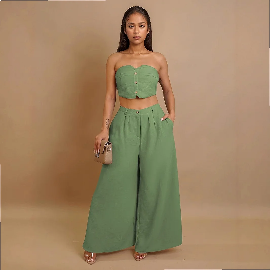 Sexy Corset Vest Wide Leg Pants Matching Set, Elastic Strapless Jumpsuit Playsuit