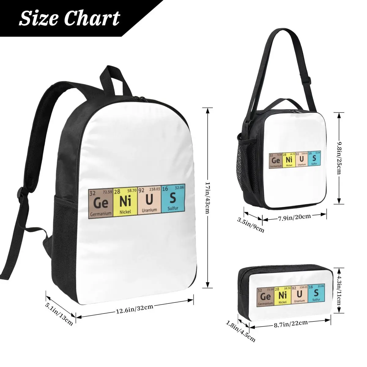 Periodic Table - Genius Backpack Boys Girls BookBag School Bag Computer Shoulder Bags 3ps Insulated Lunch Bag Pencil Case