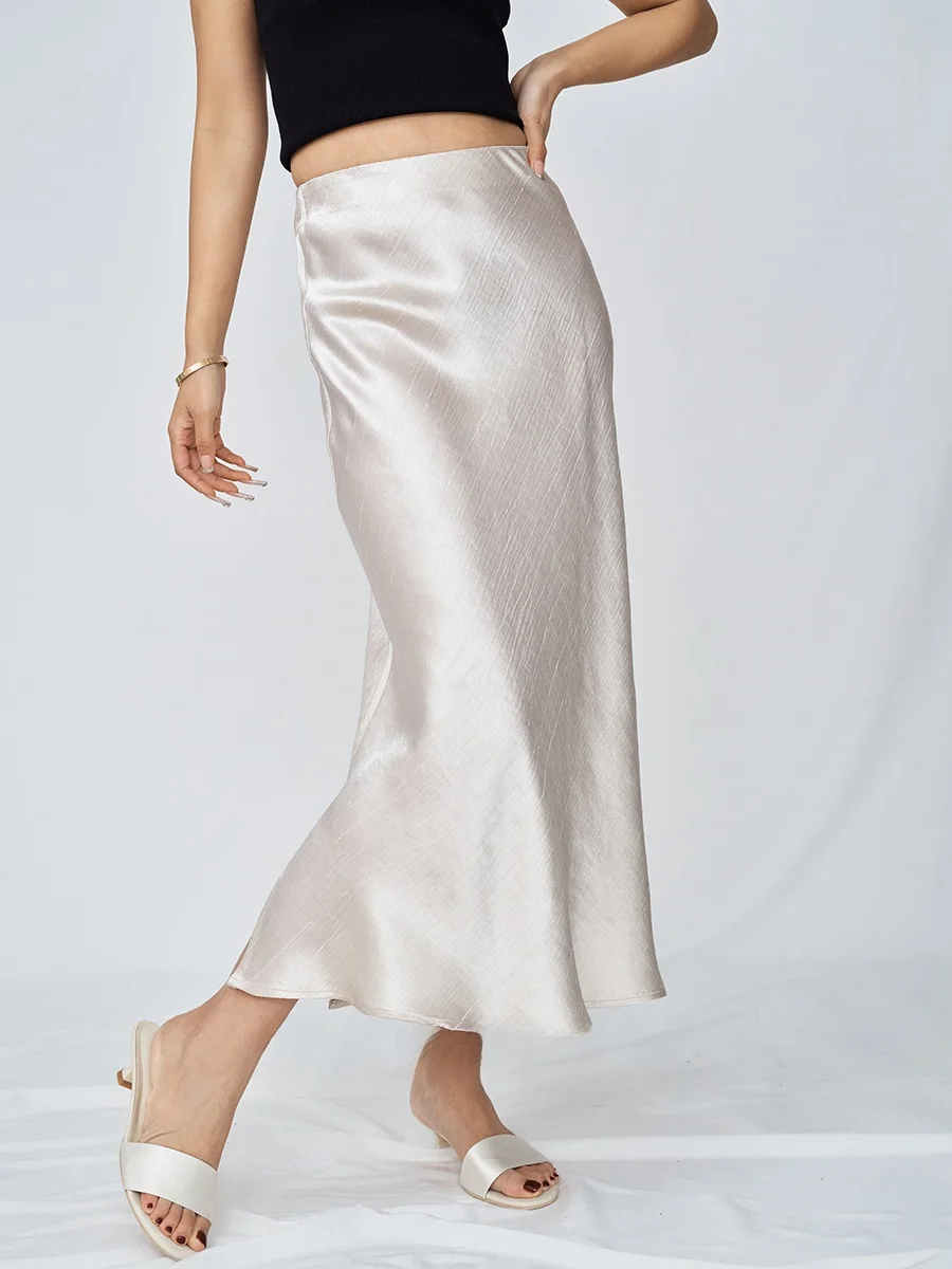 

Heavyweight Gold Thread Rayon Satin A-Line Skirt 45 Degree Oblique Cut Long High Waist Half Body Skirt with Slit for Women
