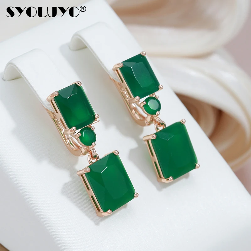 SYOUJYO Square Big Dark Green Natural Zircon Drop Earrings For Women 585 Rose Gold Color Vintage Opal Ethnic Trendy Fine Jewelry