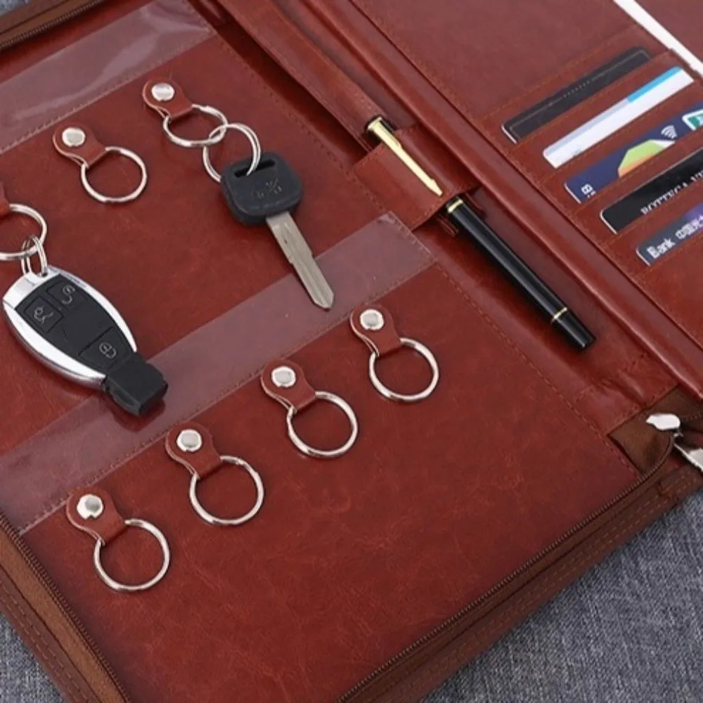 Borsa porta chiavi da lavoro in pelle PU con cerniera Cartella di file A4 di grande capacità Slot per schede multifunzionali Cartella documenti A4