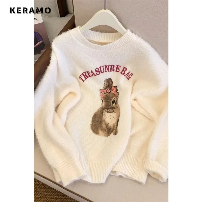 2023 Winter Sweet Knitting Long Sleeve Pullovers Women Casual Y2K Animal Print Jumpers Round Neck Ladies Knitwear Sweater