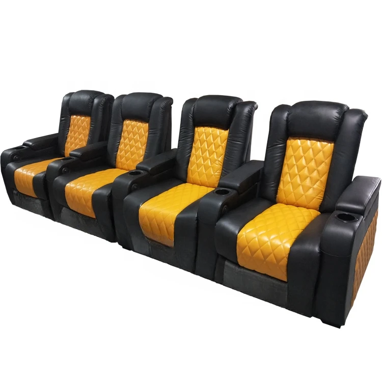 Hot sale genuine leather automatic chair reclining home theater cinema sofa mixed color seating with diamond stitching