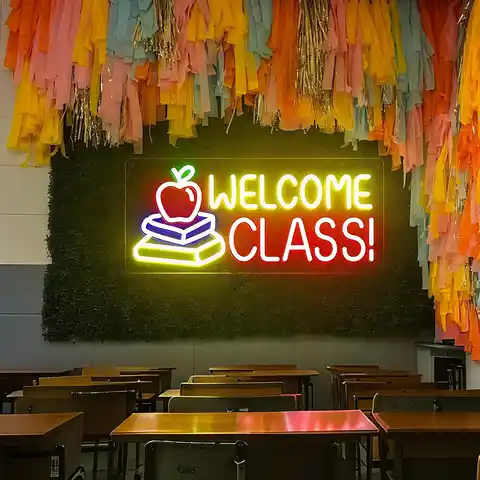 Welcome Class Neon Sign Back to School Personalized Gift Custom Classroom Wall Hanging Decor Teacher Gift Apple Book Sign