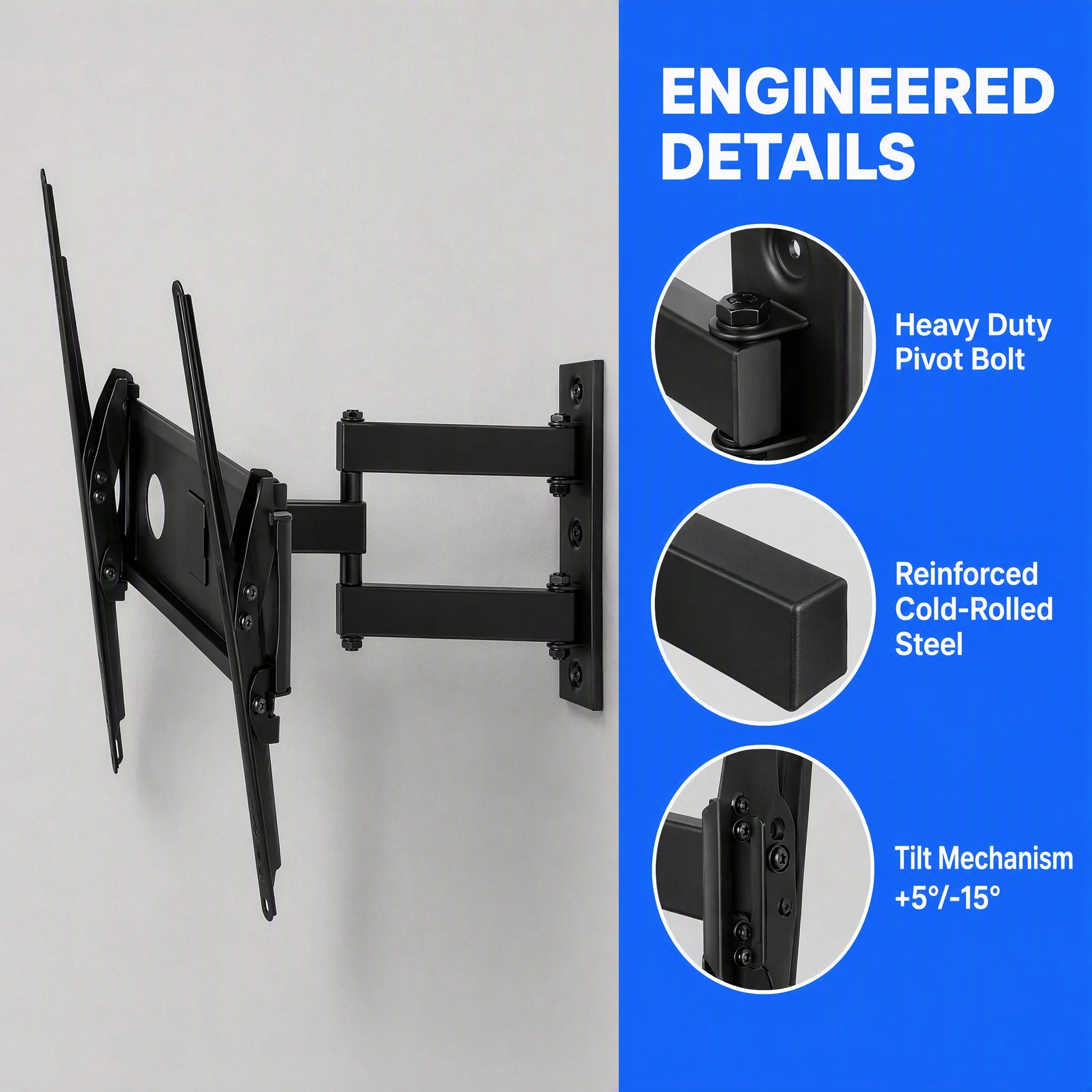 Full Motion TV Wall Mount for 32-65 Inch Flat Screen LED LCD TVs, Holds up to 88 lbs, 18.7in Max Extension, 180° Swivel, 5° Up & 15° Down Tilt, VESA 100x100 to 400x400mm Matte Black Universal TV Wall Bracket